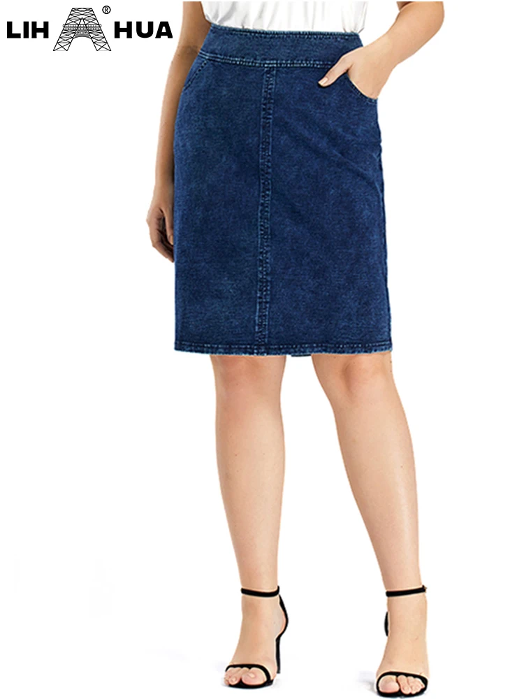 LIH HUA Women\'s Plus Size Denim Skirt High Elasticity Slim Fit Pocket Skirt Casual Fashion Woven Skirt