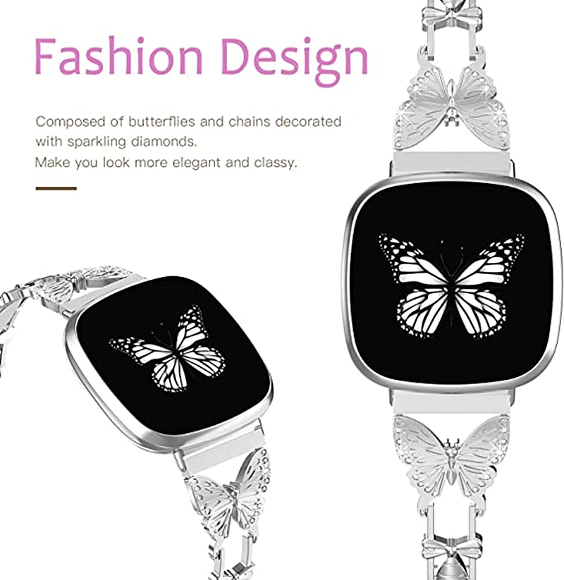 Butterfly Bling Bracelet For Fitbit Versa 3 Band Stainless Steel Strap Adjustable Wristband For Fitbit Sense Women Bands