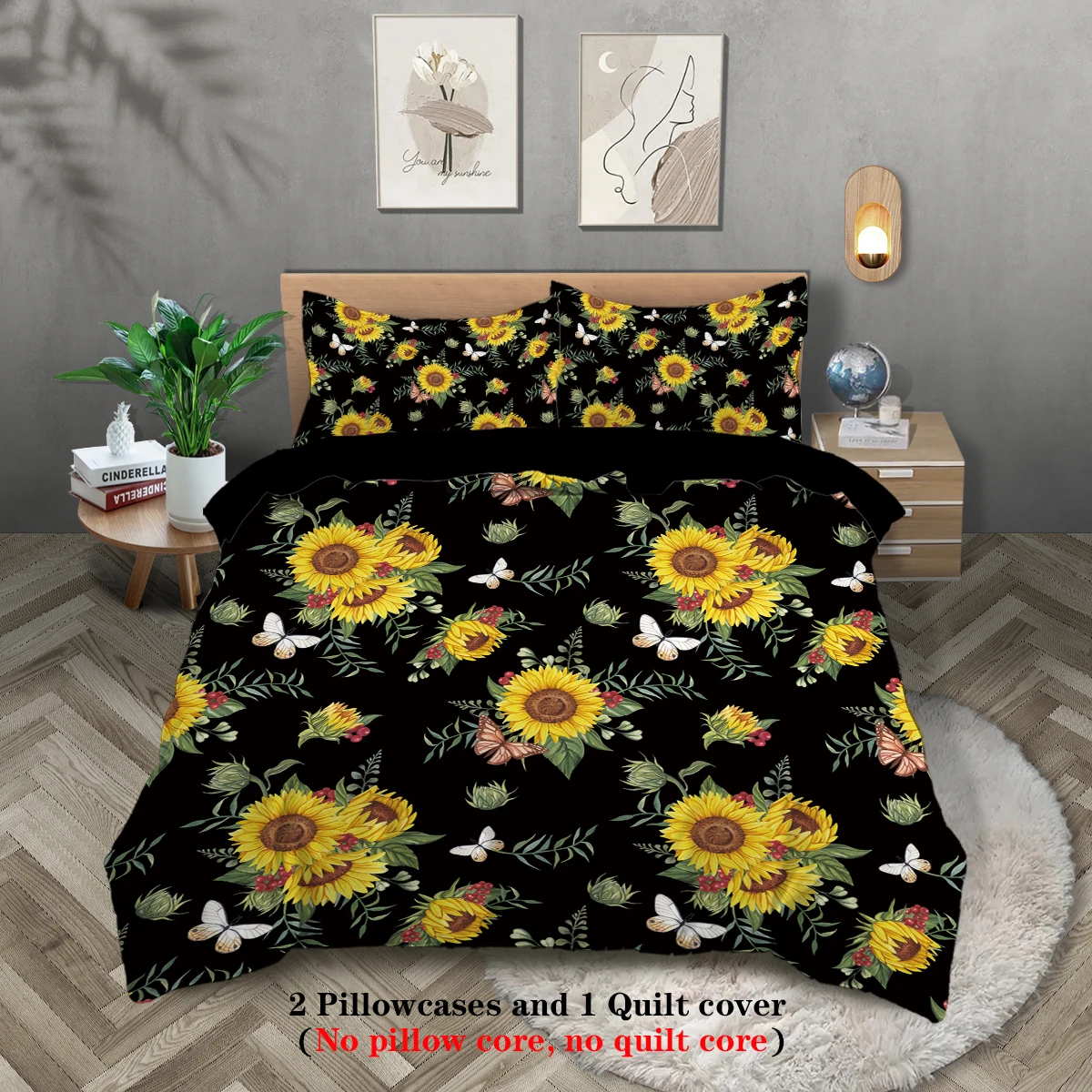 

3-piece floral sunflower pattern printed down duvet cover (1 duvet cover+2 pillowcases, no core) bedding set