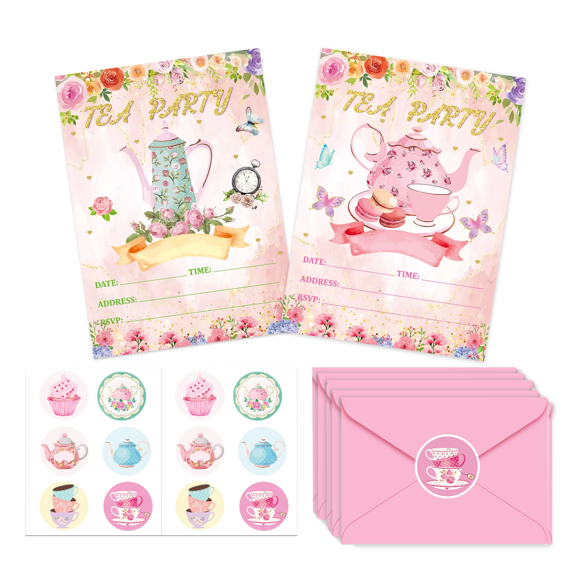 26 stücke Cartoon Tee Teekanne Rose Hochzeit Thema Einladung karten Umschläge mit Aufklebern Baby party Geburtstags feier liefert