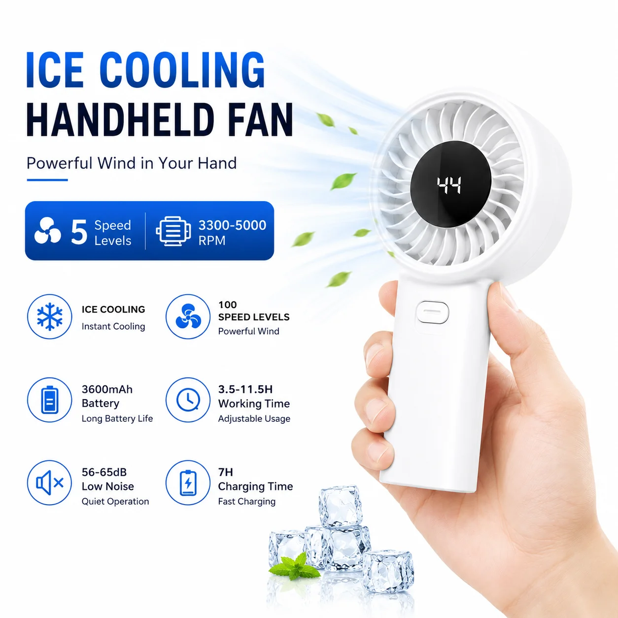Handheld Portable Fan 3600mAh 5-speed Wind USB-C Chargeable Summer Fan with LED Screen for Office Outdoor Travel вентилятор