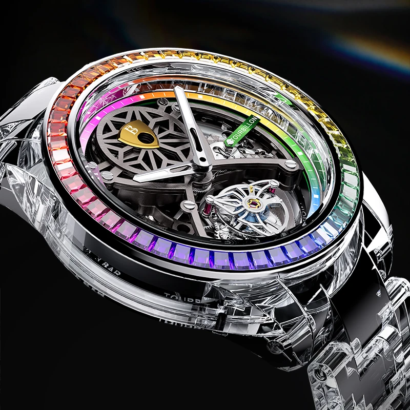 

BONEST GATTI Men Tourbillon Watch Crystal Inlaid Fully Transparent Gemstones And Colored Diamonds Automatic Movement Wristwatch
