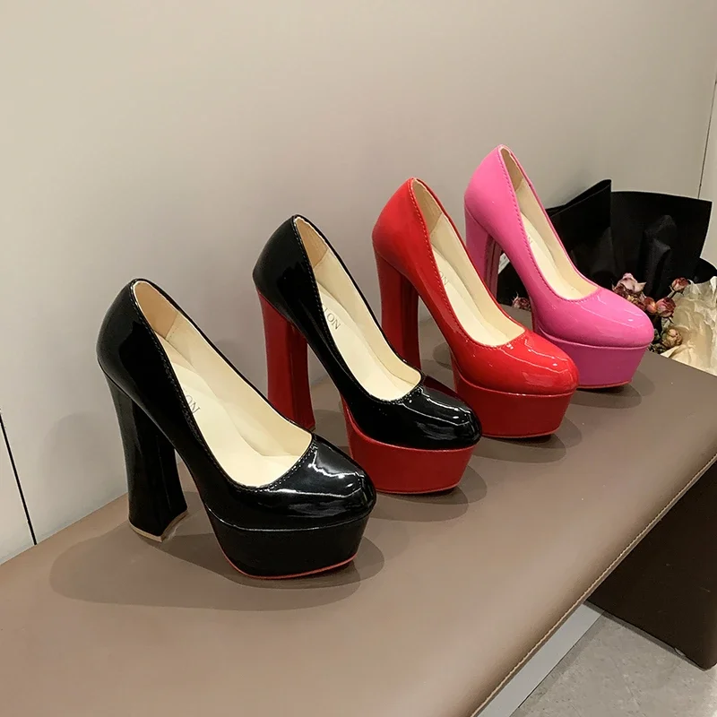 35-43 Big Size Women\'s High Heels Shoes Sexy Red Sole Thick 16cm High Heels Waterproof Platform Walking Club Single Shoes