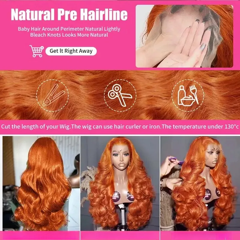 30 34 Inch Body Wave Human Hair Wigs 13x4 HD Lace Frontal Human Hair Wigs Ginger Orange Wet And Wavy Lace Front Wigs For Women image 5