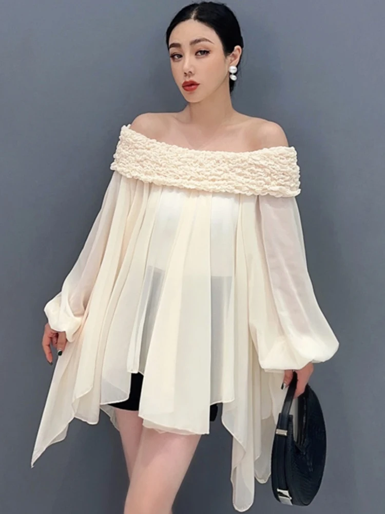 Vefadisa 2025 Summer New Black White Women Chiffon Irregular Top Shirt One Line Neck Off Shoulder Long Sleeve Women Shirt HLX063