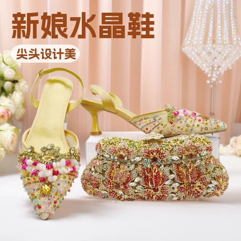 

Ladies shoes bag new lace pointed stiletto sandals wedding reception water diamond dinner bag women's single shoe set