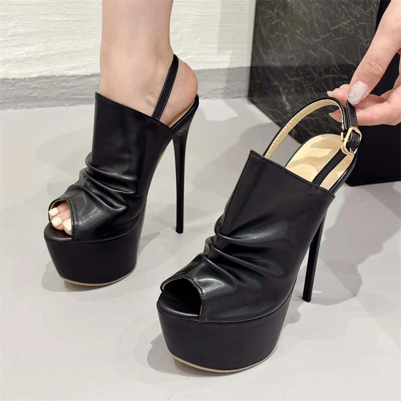 

Women's Shoes Fashion Pleated Peep Toe High Heels Women Pumps Sexy Buckle Strap Hollow Out Thin High Heels Zapatillas De Mujer