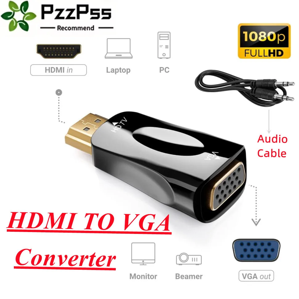 HDMI-compatible to VGA Cable Adapter Converter 3.5 mm Audio Interface Male to Female HD 1080P Transmission Adapter