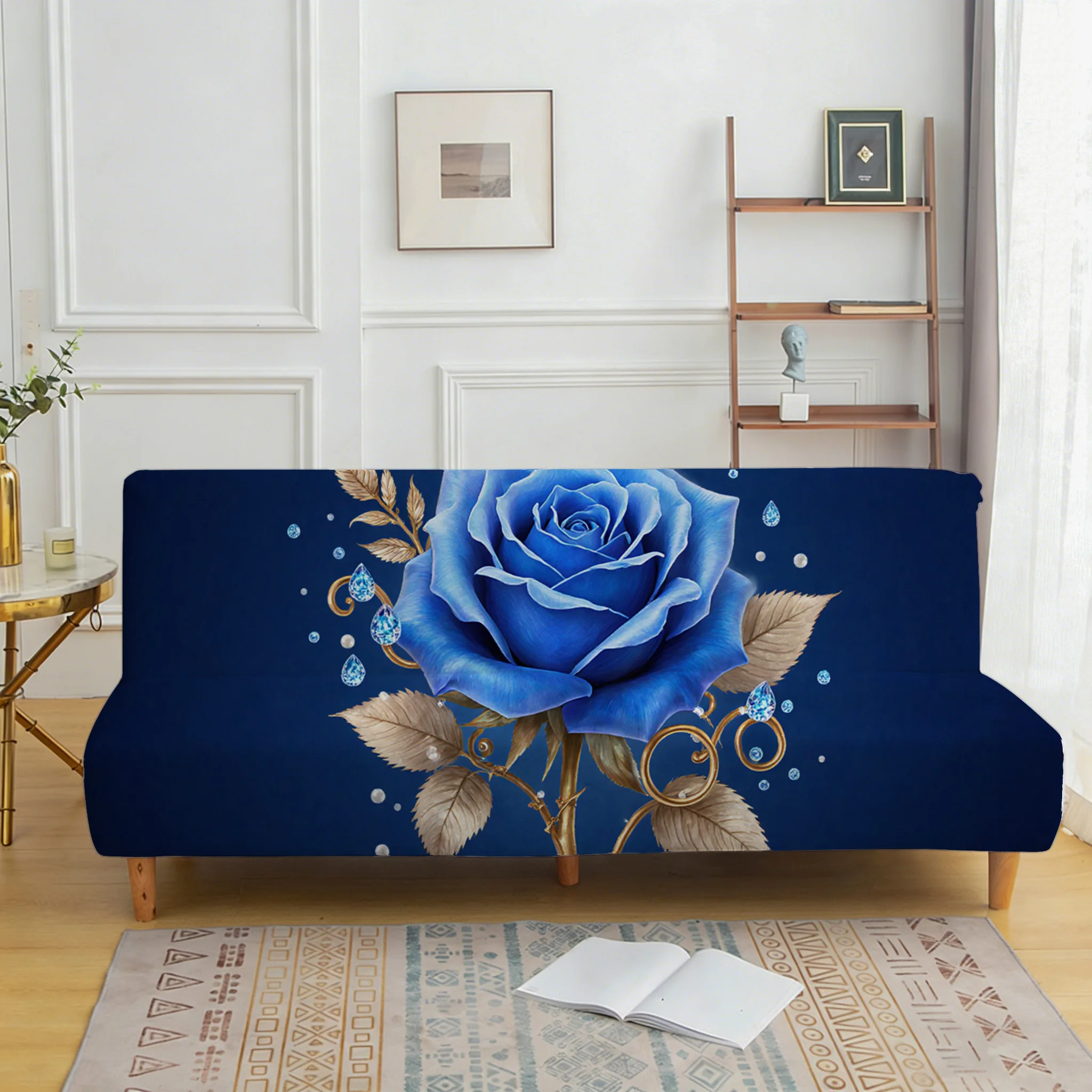 

Чехол для дивана-кровати с принтом роз из синего золотистого листового золота, эластичный чехол для дивана-кровати в гостиную, пыленепроницаемый чехол для дивана-кровати, который можно стирать в машине.