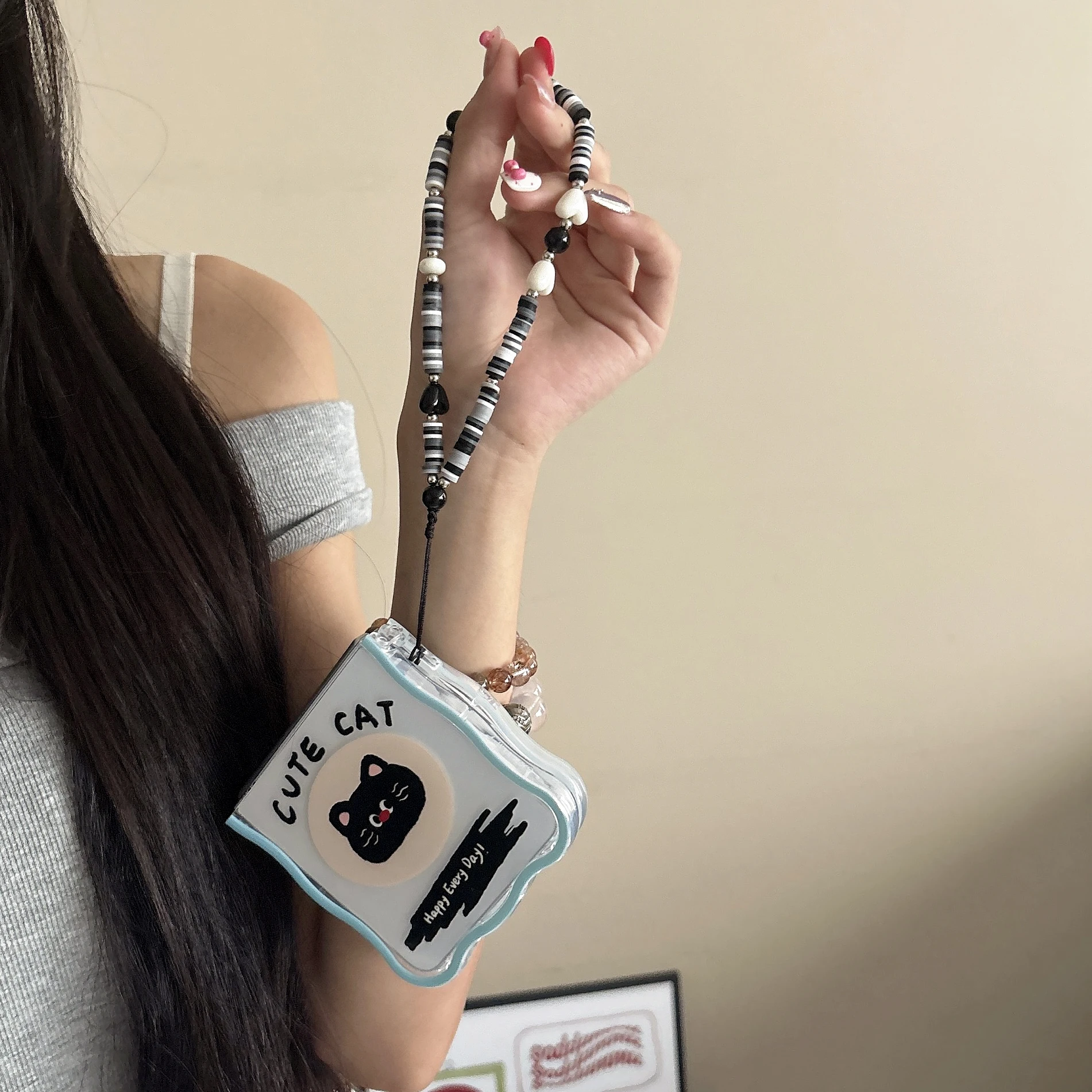 Korean English Cat Phone Case For Samsung Galaxy Z Flip7 6 5 4 3 Cover With Lanyard Wave Phone Cover For Z Flip7 Flip6 Phon Case