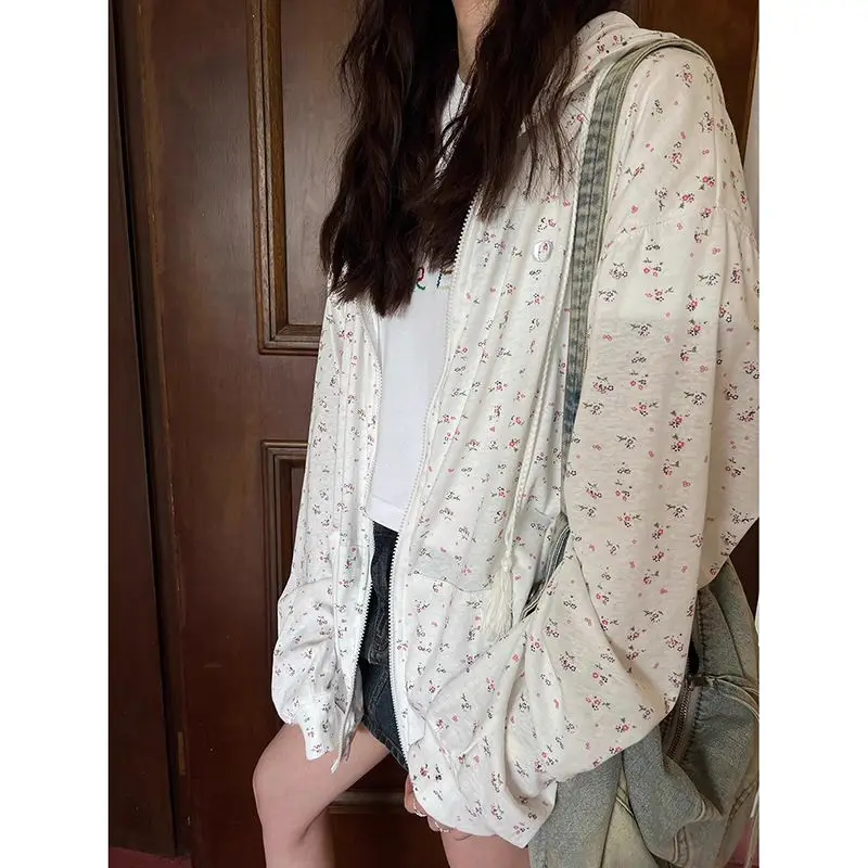 KUSAHIKI Thin Floral Hooded Cardigan Jacket for Women's 2024 Spring/summer New Korean Style Versatile Sunscreen Jackets