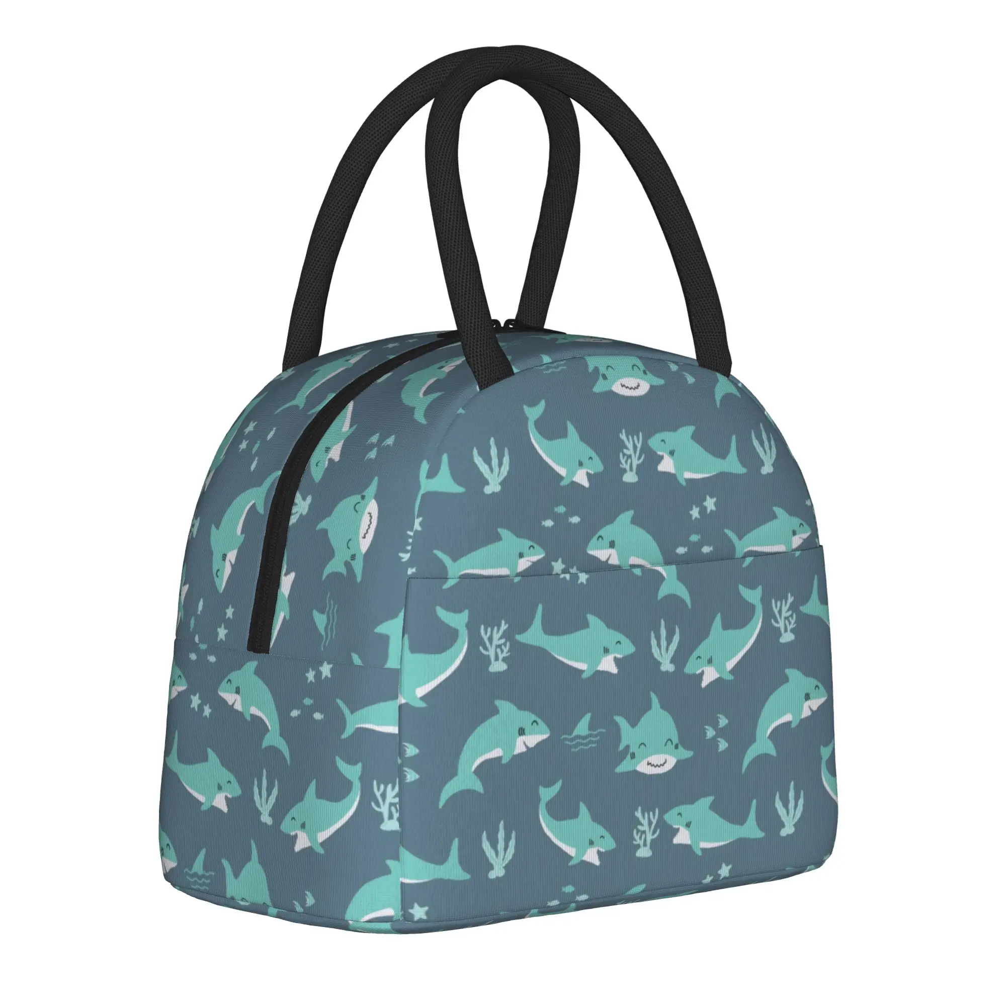 Happy Shark Cartoon Insulated Lunch Bag Cooler Bag Reusable,Lunch Container  Large Tote Lunch Box for Men Women Work  Picnic