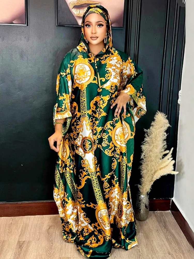 

African Chiffon Dresses For Women Printed Long Sleeved Loose Boubou Nigerian Novelty Party Dress Loose Femme Robe With Hooded