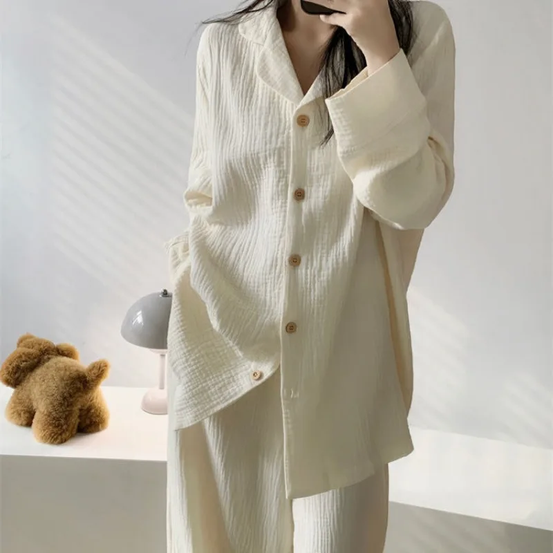 Women\'s Spring Autumn Cotton Pajamas 2024 Latest Korean Version of Solid Color Nightgown Long Sleeve Double Gauze Nightdress Set