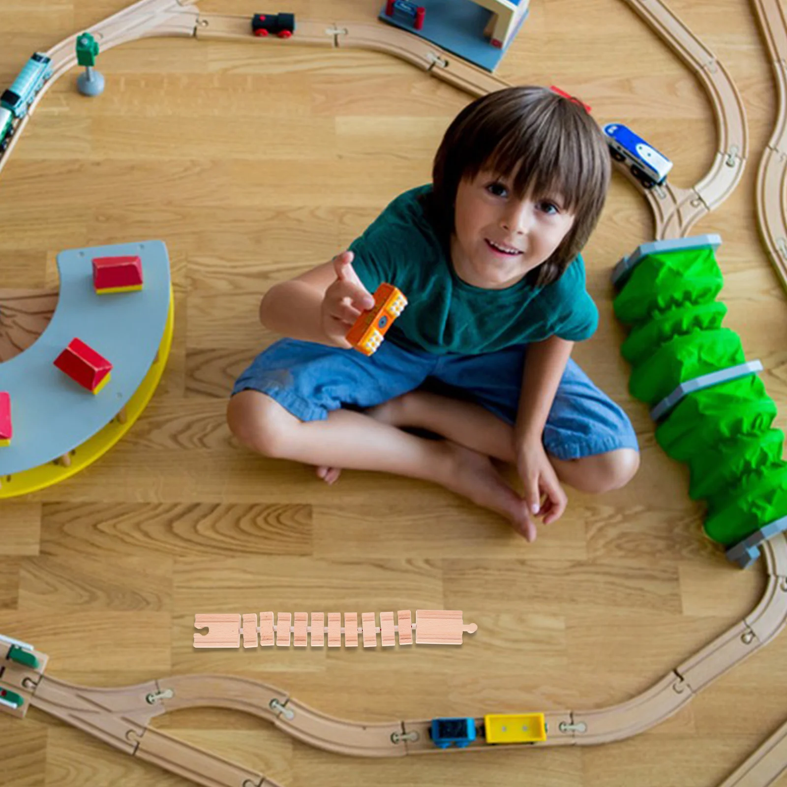 Tren vía a granel de madera para trenes, juguetes ferroviarios, modelo de bloques de juguete, escena Woody