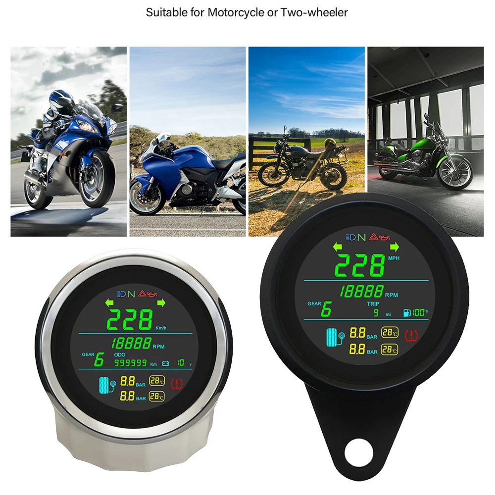 

ELING 85мм GPS-спидометр с тахометром, индикатором уровня топлива, давления в шинах, температуры, сигнализацией, указателями дальнего света (левый/правый), 12В/24В