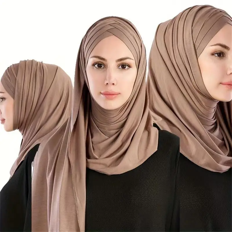 Jilbab instan syal Muslim untuk wanita katun Jersey selendang Turban siap pakai syal kepala