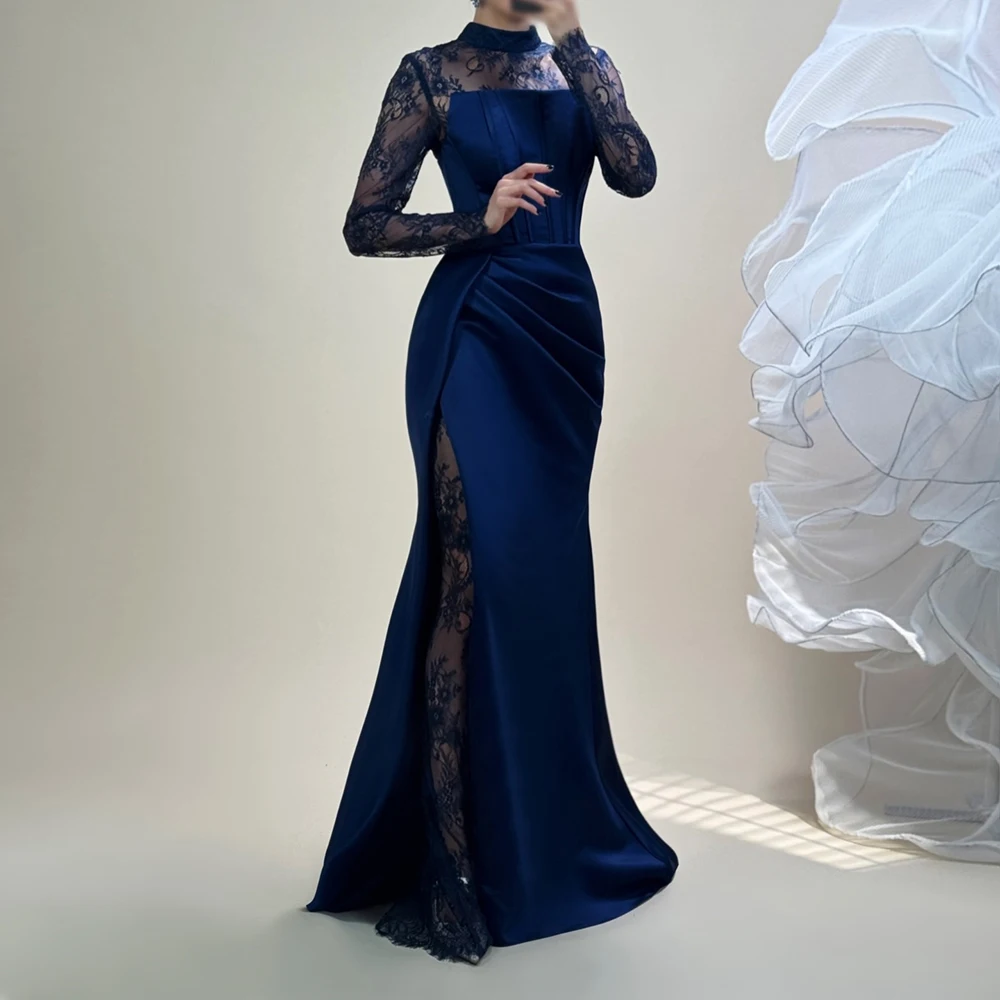 Sukienki wieczorowe damskie w kształcie litery A, do ziemi, z wysokim dekoltem, z długim rękawem, suknie balowe, modne, koronkowe, plisowane, proste, drapowane, szyte na miarę.