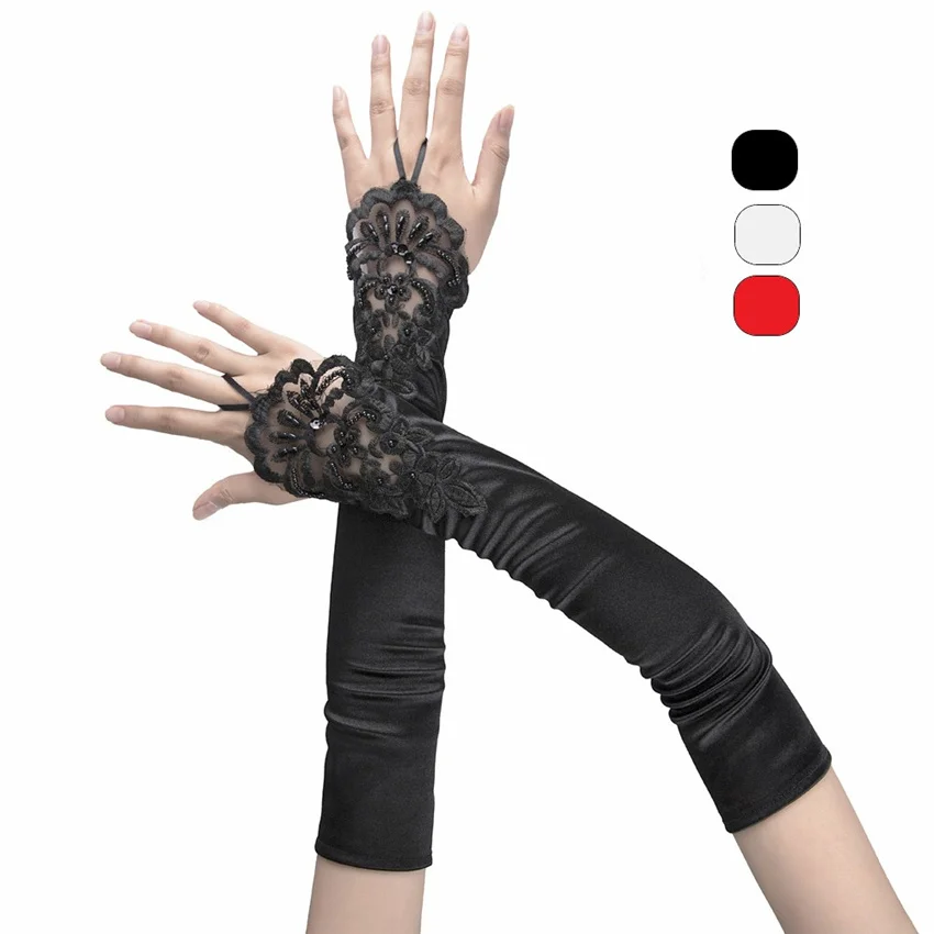 Sateen Flower Piece Beading Ceremonial Hollowing Nightclub Bridesmaid Party Gloves Women Satin Fingerless Hook Hand Mittens Bk9