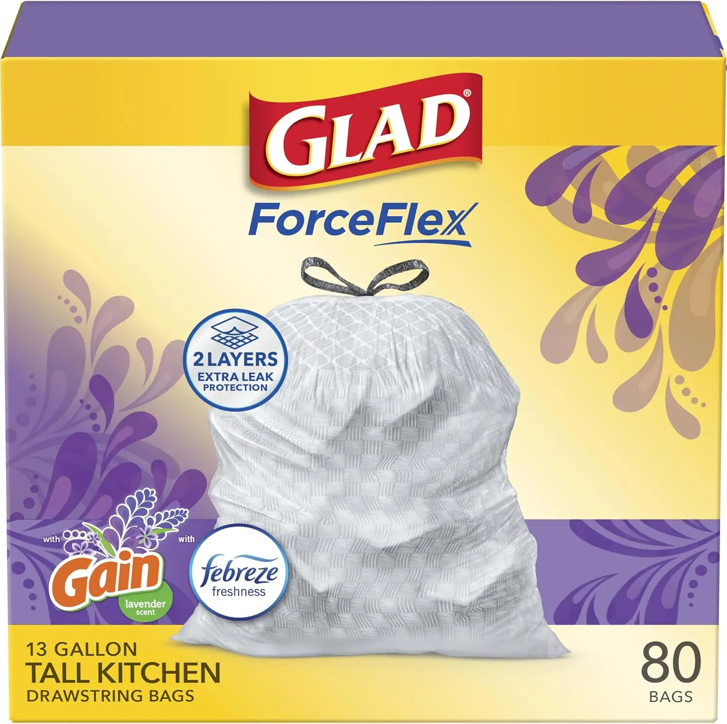 

Flexible 13 Gallon Kitchen Trash Bags with Drawstring, Scented Lavender, 80 Count - Leakproof & Durable