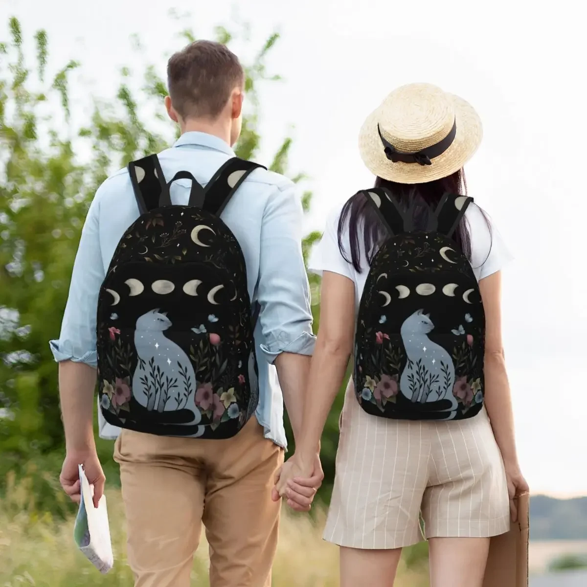 Moonlit Garden Cat On The Hill Sac à dos Sports School Business Moonlight Boho Floral Sac à dos pour homme et femme Sac à bandou