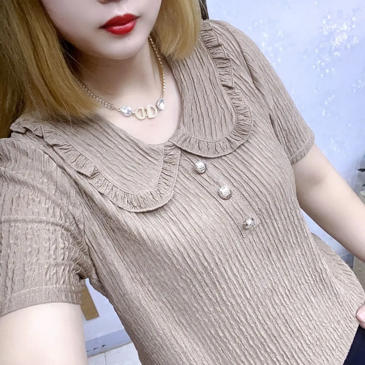 Summer New French Sweet Stringy Selvedge Loose Doll Short Sleeve Women\'s T-shirt Retro Age Reducing Trendy Shirt Top for Women