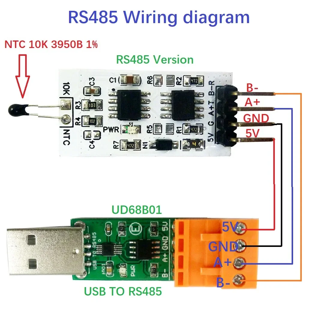 Mini RS485 RTU Module RS232(TTL) with 10K 3950 NTC Thermistor Resistor for Temperature Collection in Varied Environments