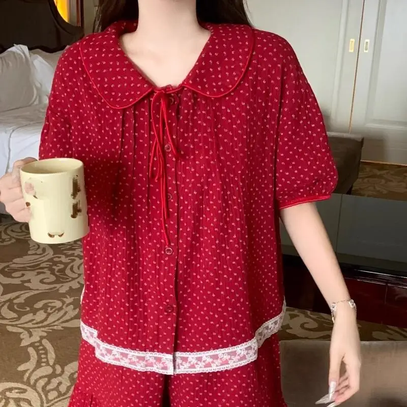 Korean Version Fashionable Girl Summer Short Sleeved Set Sweet Cute Teenage Doll Collar Floral Home Clothe Comfortable Breathabl
