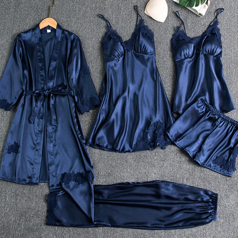 Female 5PCS Pajamas Set Spring Summer Silk Satin Sleepwear Pyjama Pour Femme Sleepwear Sexy Loose Lace Lounge Wear Pijamas Suit