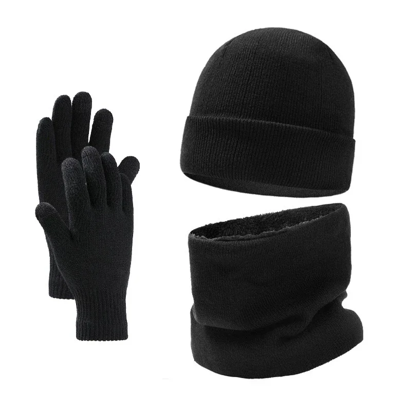 Autumn Winter Outdoor Warm Brushed Men's Beanie Hat Scarf Gloves 3 Pieces Set Windproof Knit Ring Muffler Hats and Caps for Men
