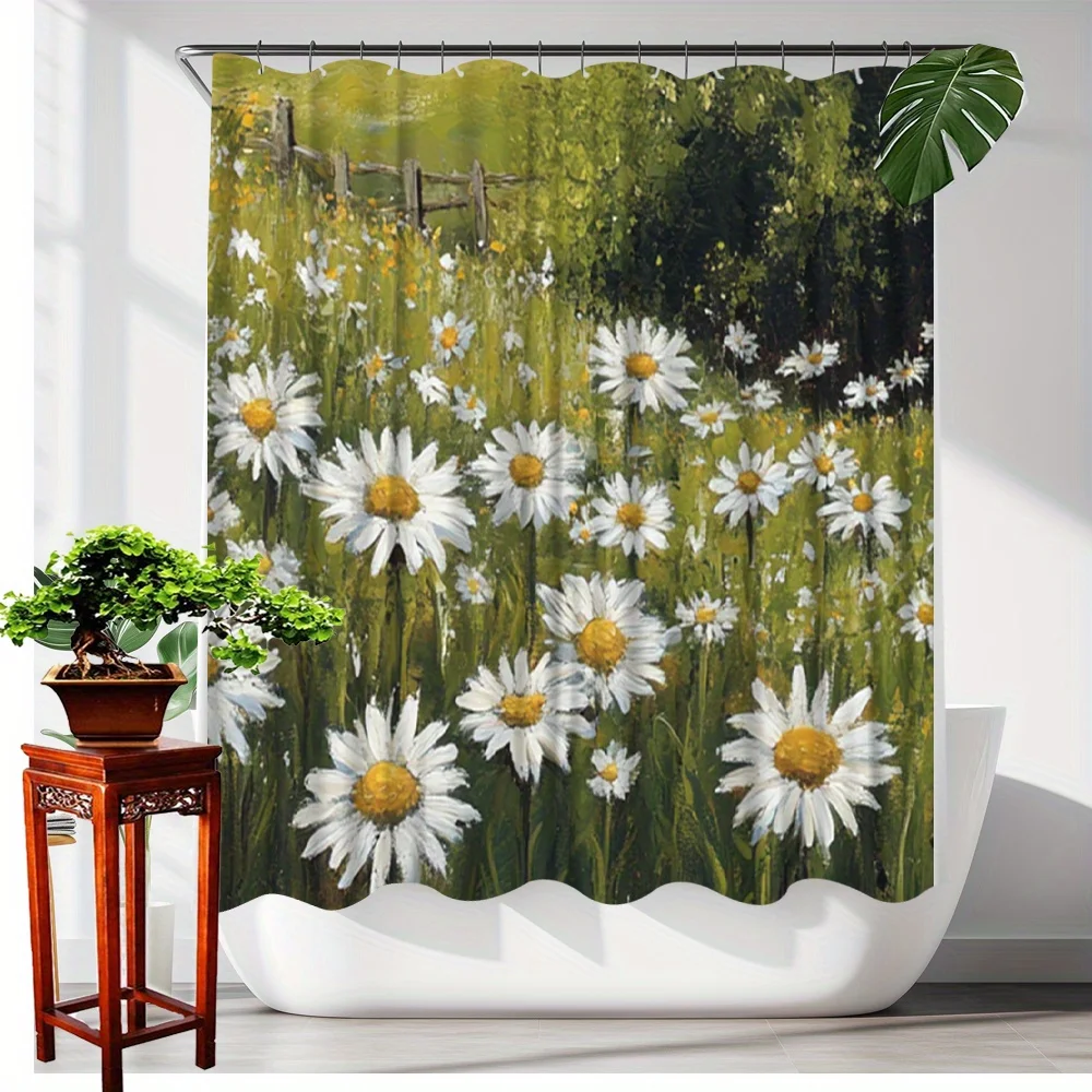 Charming Daisy Field Shower Curtain - Waterproof, Mildew-Resistant with Pastoral Scenery for a Fresh and Inviting Bathroom Decor