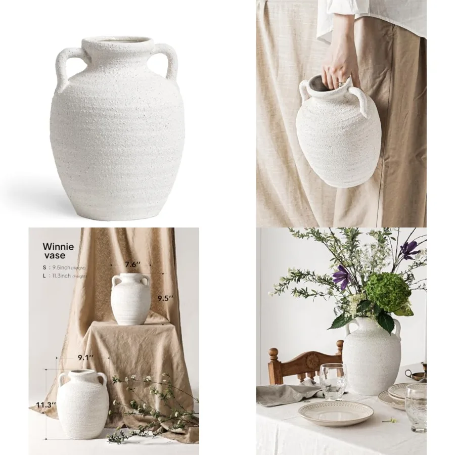 

White Ceramic Vase with Handles, 9.5" Large Farmhouse Flower Vase - Rustic Centerpiece for Living Room, Bookshelf, Mantel, Entr
