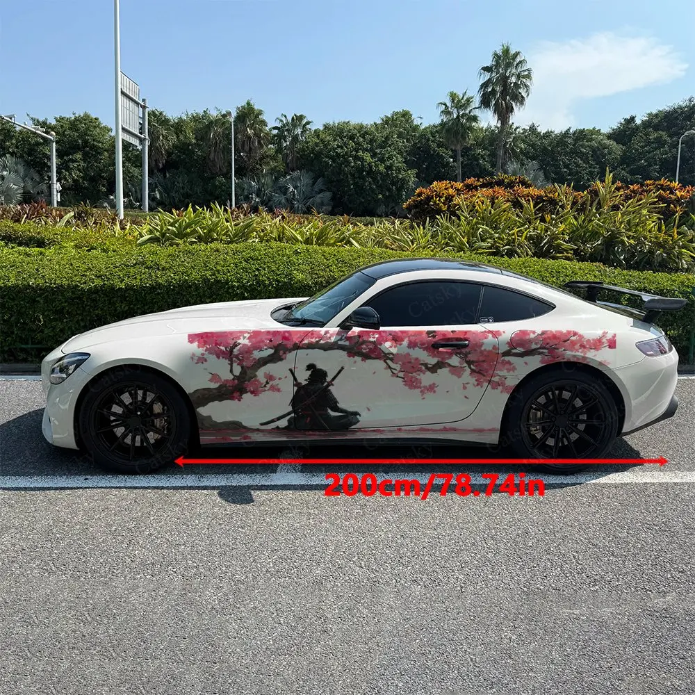 2pcs Floating Cherry Petals Dark Samurai Car Side Wrap, Self-Adhesive PVC Waterproof & Scratch-Resistant Stickers, Car Accessory