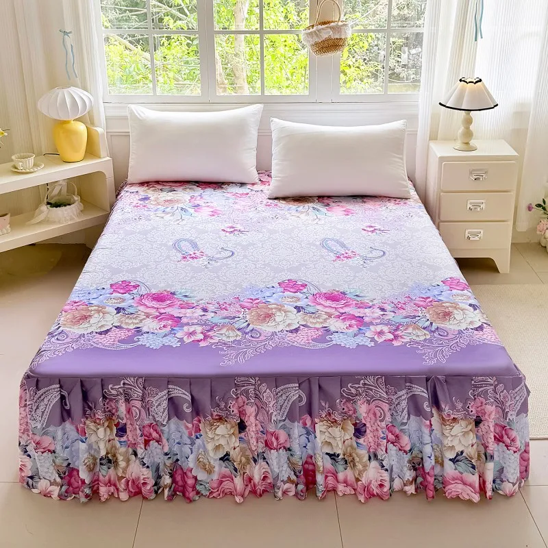 1PC Floral Bed Skirt, Purple Base Peony Print Ruffled Dust Ruffle, Soft Polyester Bed Cover, Bedroom Decor