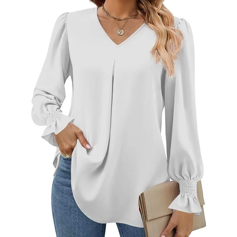 Blusas Women New Solid Color Chiffon Shirt V-neck Pullover Flared Long Sleeved Top Shirt Office Lady Elegant Khaki Loose Blouses