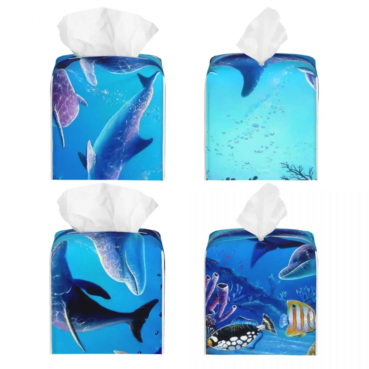 Custom Funny Dolphin Ocean Animal Facial Tissue Box Cover Square Sea Creature PU Leather Tissue Box Holder for Car Bathroom