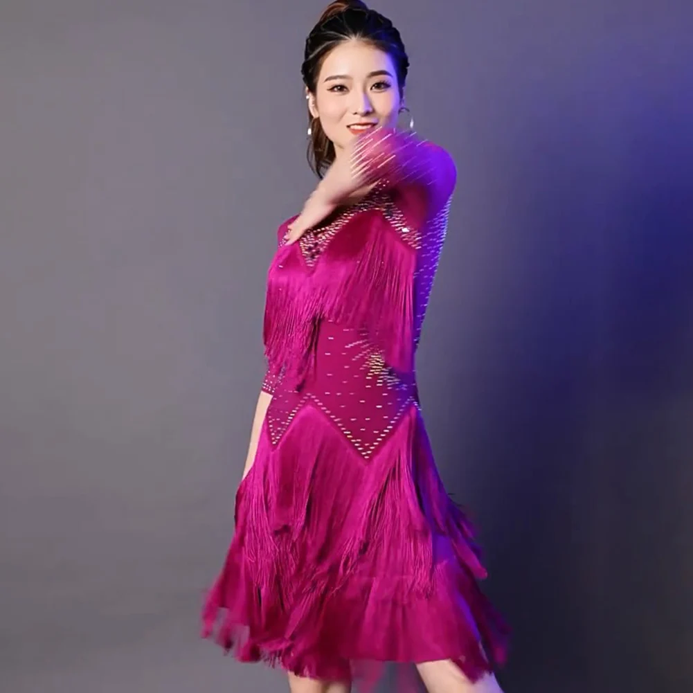 فستان تانجو من حجر الراين فستان رقص لاتيني نسائي جديد أسود للمنافسة فستان أصفر طويل الأكمام أحمر طويل الأكمام