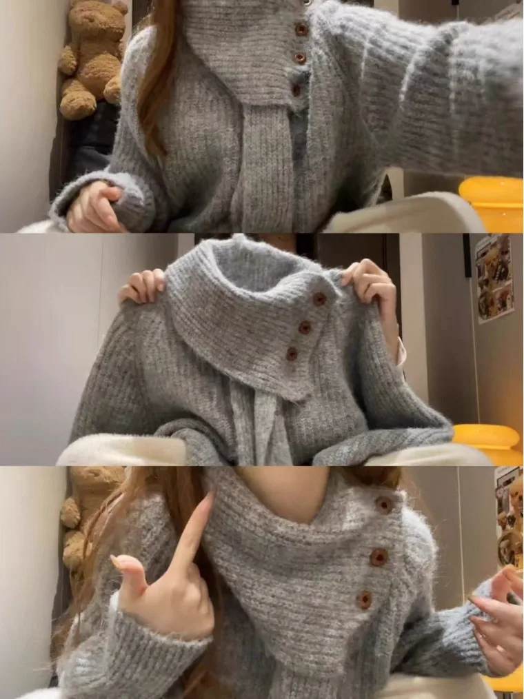 

Женский вязаный свитер с высоким воротником, мягкий и уютный, свободного кроя, длинный рукав, однотонный, для зимы