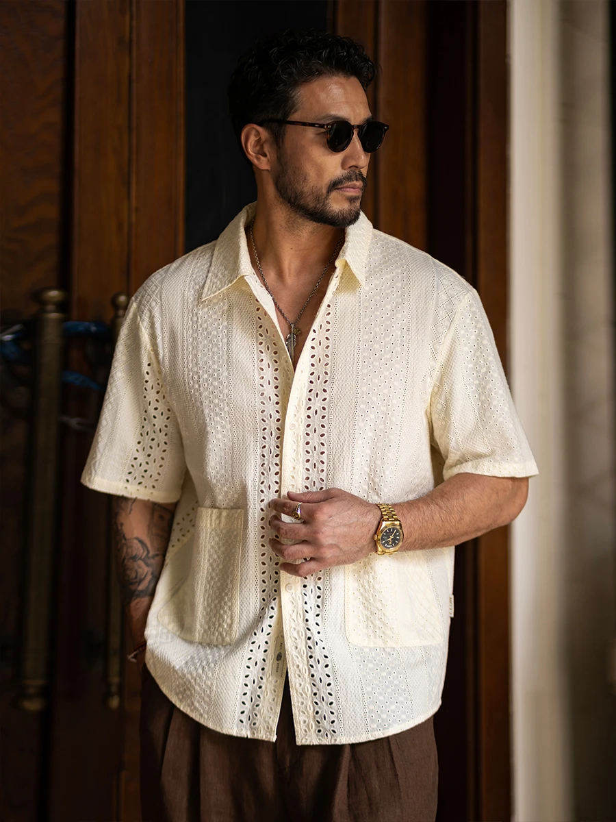 

American Style Retro Cotton Hollow out Short Sleeve Men's Shirt Pure Cotton Casual Summer New Style Breathable Comfortable