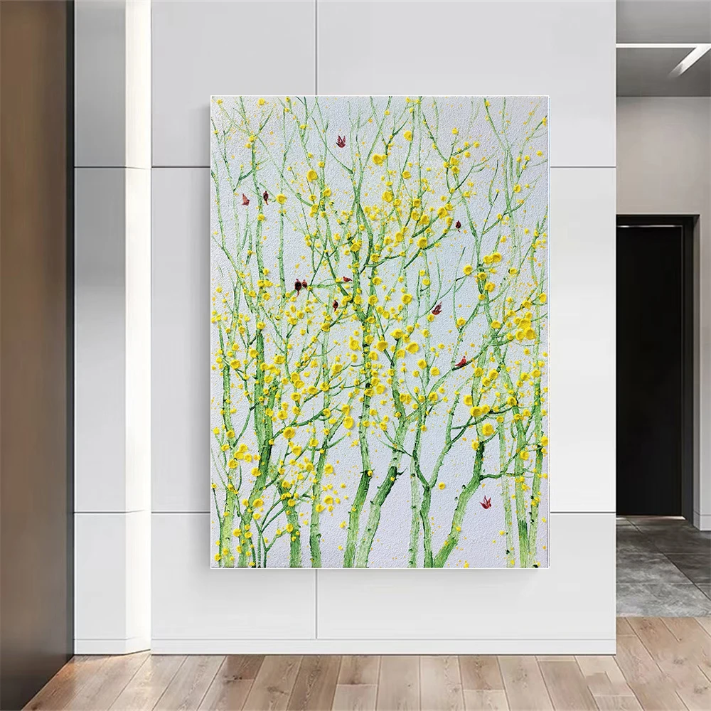 

Handmade Textured Spring Plant Bird Painting Original Home Wall Decor Living Room Bedroom Hand-Painted Artwork