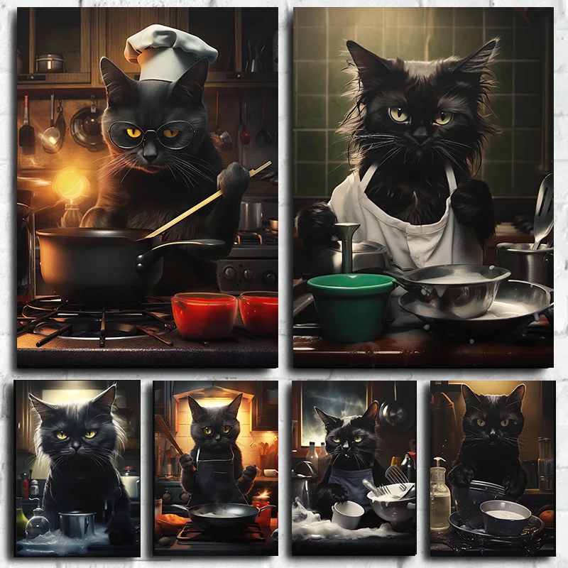 Bonito Engraçado Wash Dishes Poster Print, Animal, Gato Preto, Cozinhar, Cozinha, Chef, Arte da Parede, Fotos, Pintura em Lona, Quarto, Home Decor, Presente