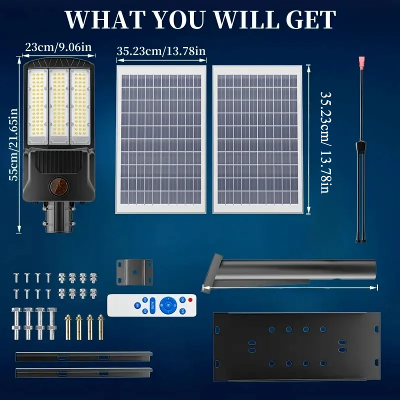 Réverbères solaires extérieurs, parking commercial, lumière du crépuscule pour favoriser les projecteurs de sécurité, lampe solaire pour cour et route, 8000W