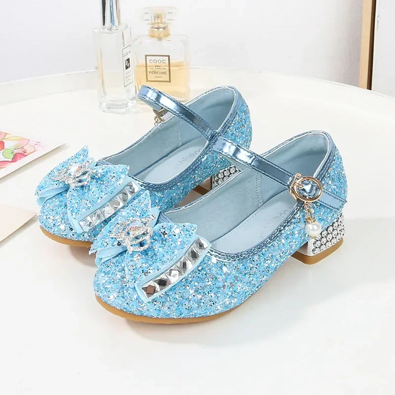 

2023 Children High Heels Shoes Glitter Princess Shoes for Girls Fashion Sequins Bowtie Crown Kids Leather Shoe for Party Wedding