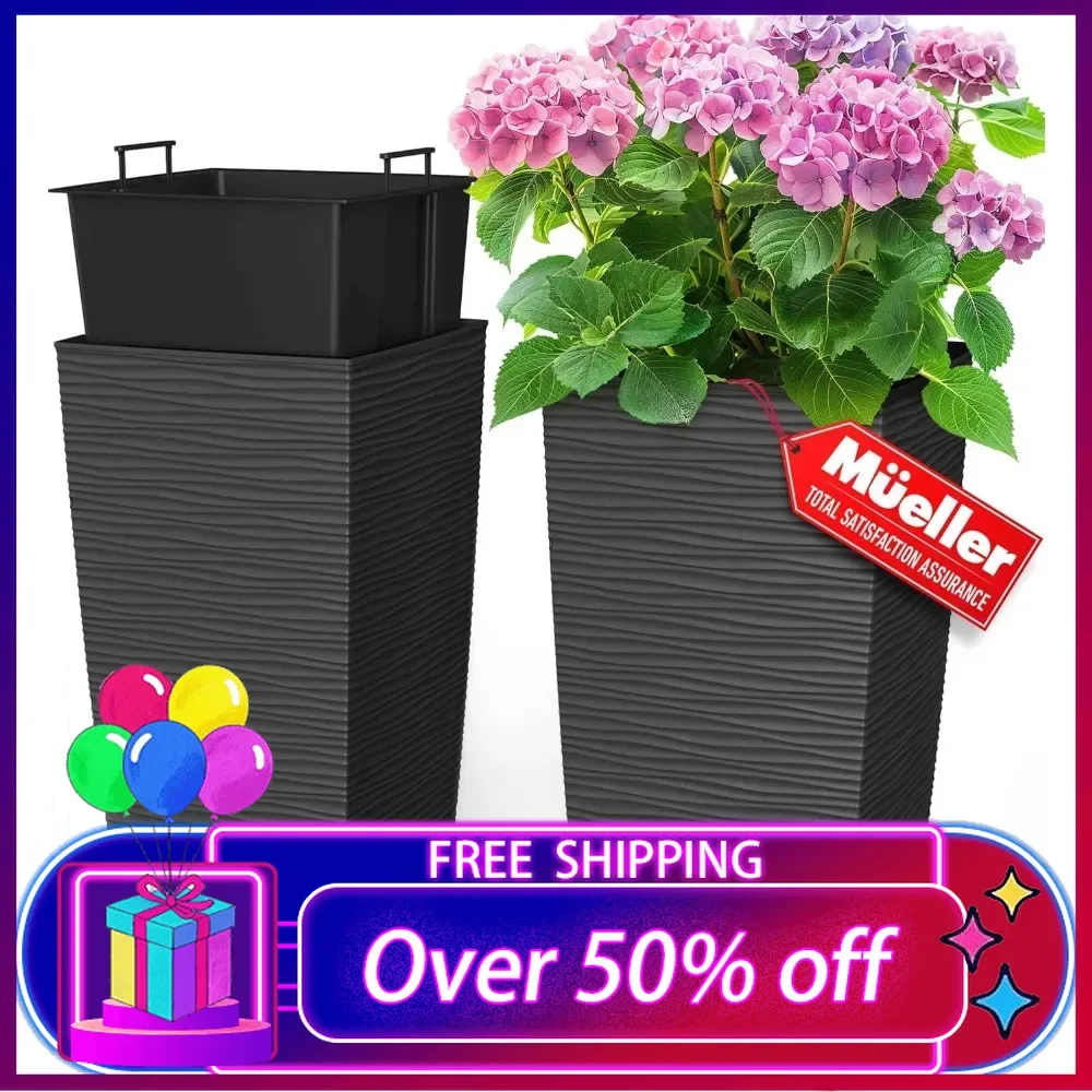 

M-Resin Heavy Duty Tall Planter, Indoor/Outdoor Grande Plant, Tree, Flower Pot,2-Piece Set, 24”,Modern Design, Built-in Drainage