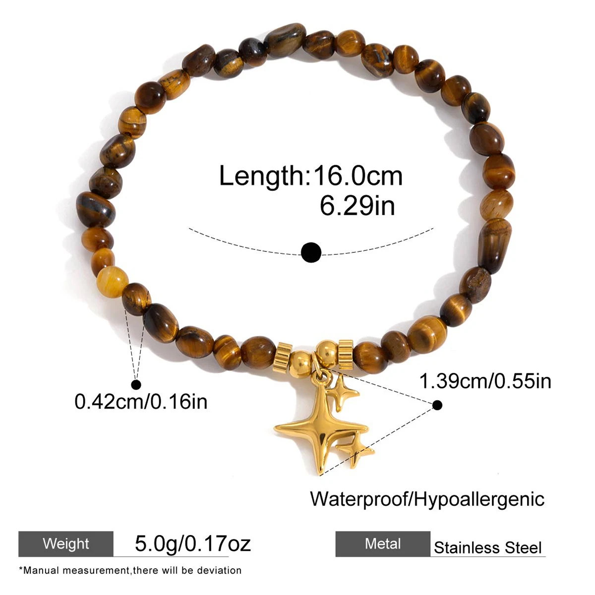 

Винтажный браслет с тигровым глазом и четырьмя звездами из нержавеющей стали, браслет из бисера, 18-каратное золото, цвет стали, большие размеры, ювелирные изделия для женщин, подарок