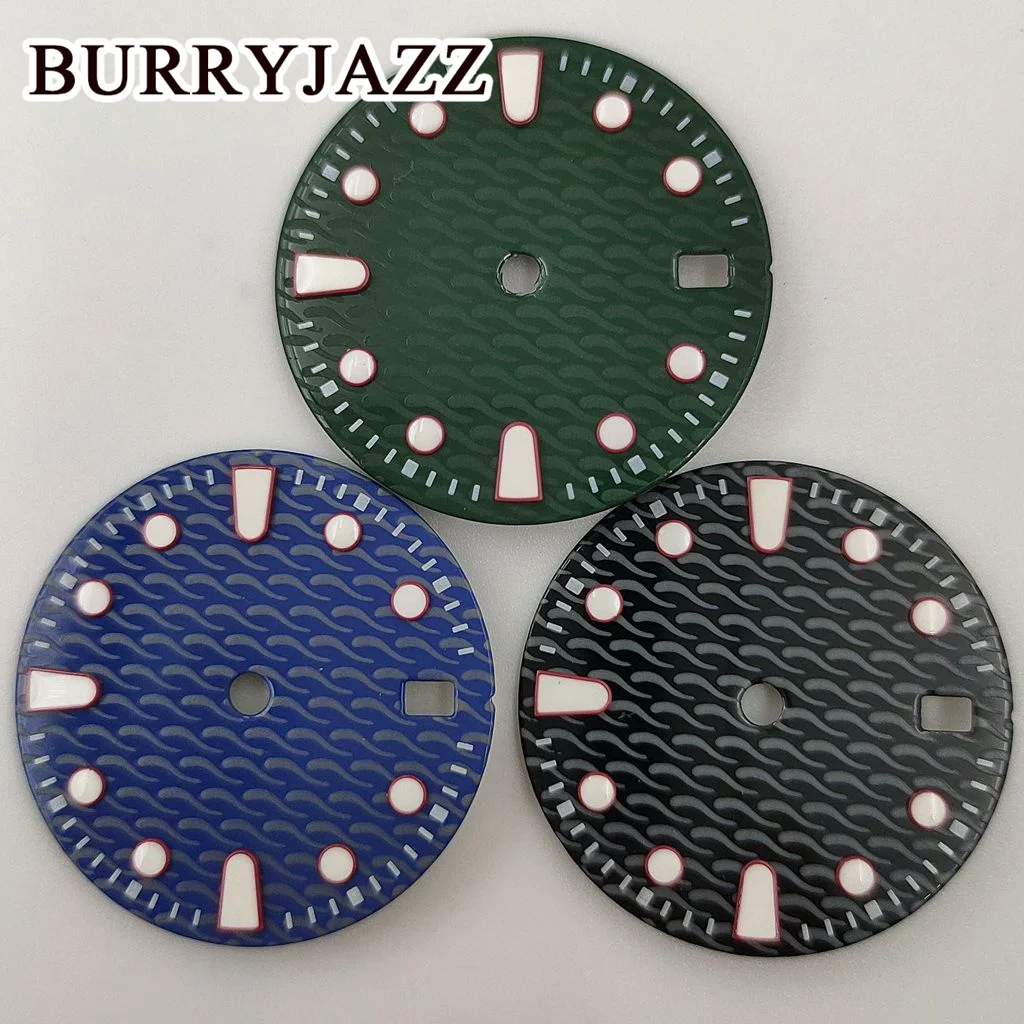 BURRYJAZZ 시계 다이얼, 블랙 그린 블루 다이얼, 로고 없음, NH35, 28.5mm