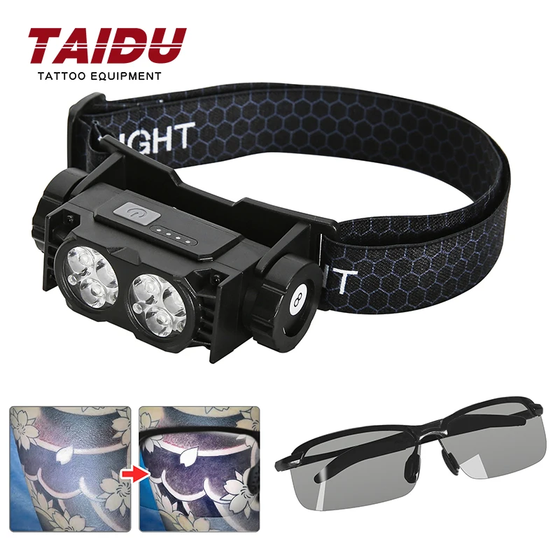 

TAIDU Anti Reflective USB Rechargeable Led Headlamp for Tattoo With Polarize Sunglasses Headlight three level dimming Cap Light