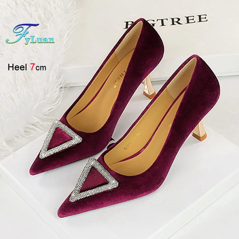 European and American style Women's Pumps Wine Glass Heel Suede Prom Shoes Rhinestone Triangular Decoration Ladies Single Shoes