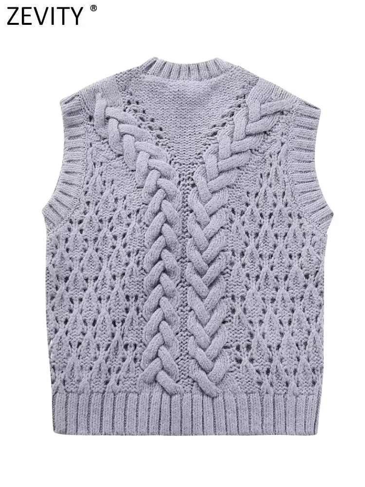 Zevity Women Fashion O Neck Sleeveless Twist Crochet Knitting Vest Sweater Female Chic Hollow Out Waistcoat Pullover Tops SW5464