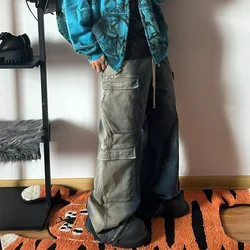 Pantalones vaqueros de mezclilla estilo RO para hombre, pantalones Cargo de diseño con bolsillos con cremallera, ropa lavada de longitud completa